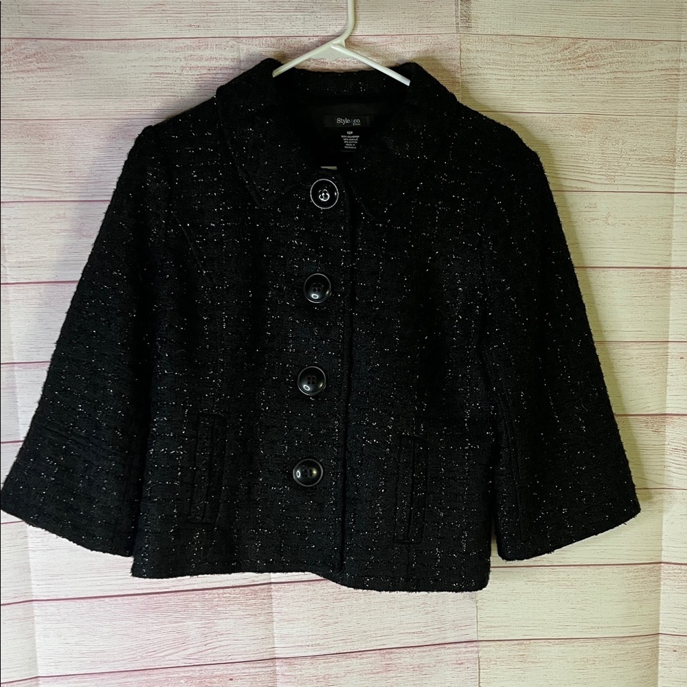 Style & Co. Black Sparkle Buttoned  3/4” Sleeve Cropped Jacket Blazer‎ Size 12P